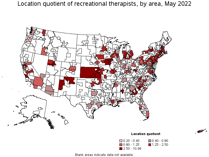 Map of location quotient of recreational therapists by area, May 2022