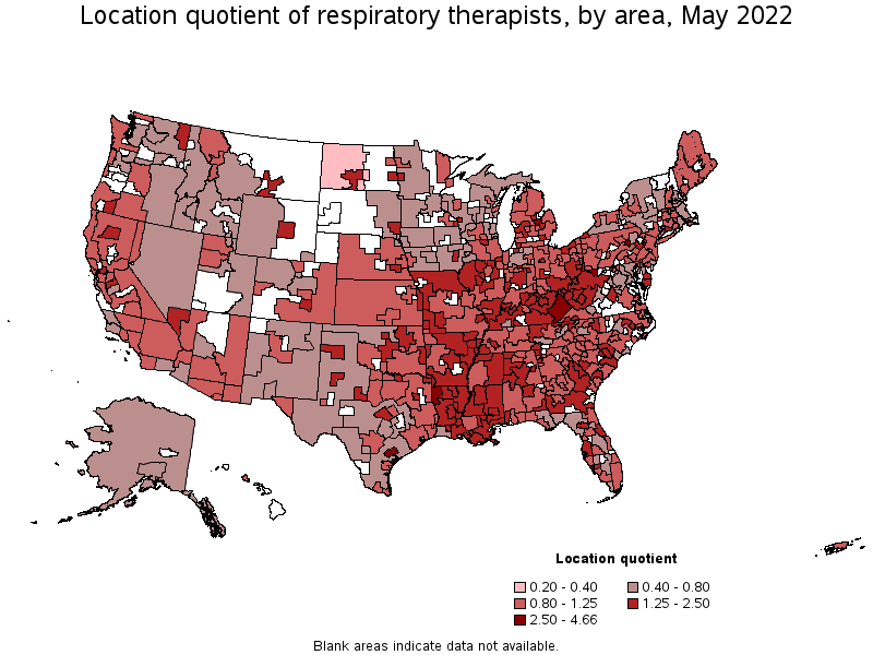 Map of location quotient of respiratory therapists by area, May 2022