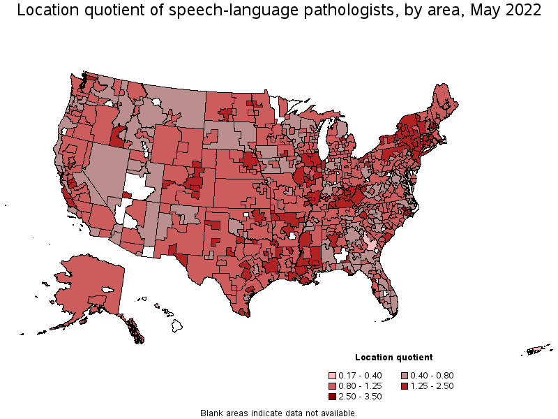 Map of location quotient of speech-language pathologists by area, May 2022