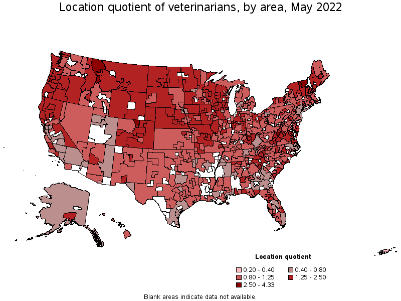 Map of location quotient of veterinarians by area, May 2022