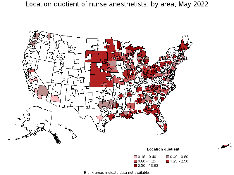 Map of location quotient of nurse anesthetists by area, May 2022