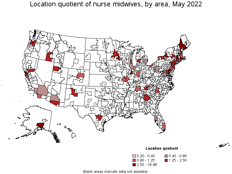Map of location quotient of nurse midwives by area, May 2022