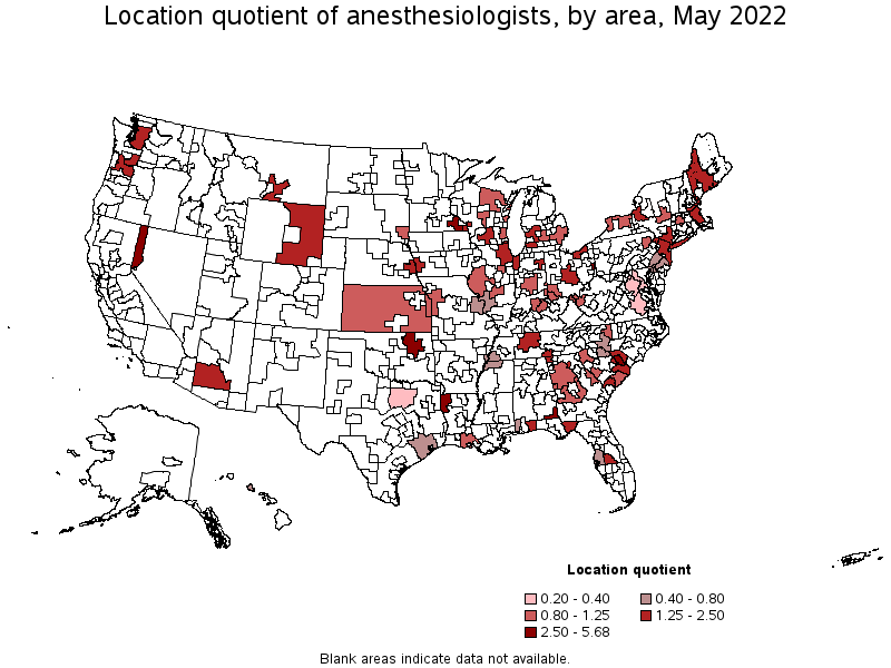 Map of location quotient of anesthesiologists by area, May 2022