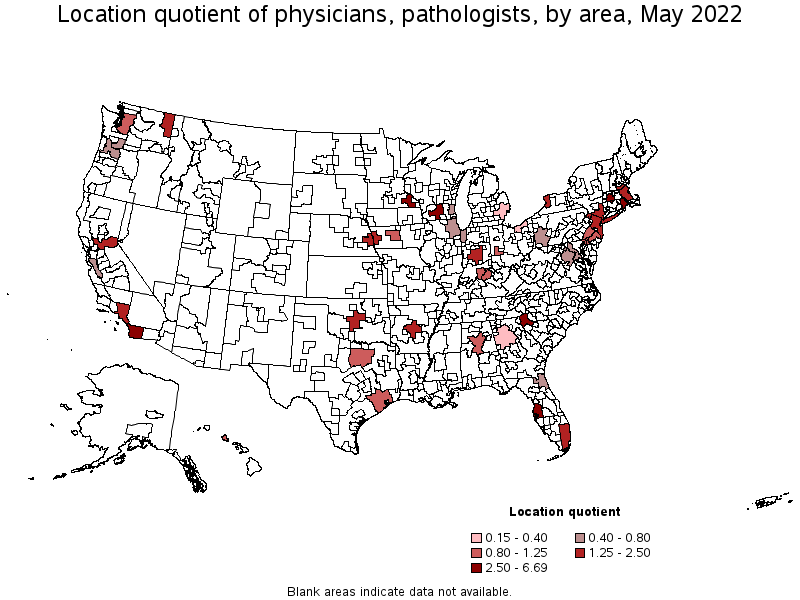 Map of location quotient of physicians, pathologists by area, May 2022