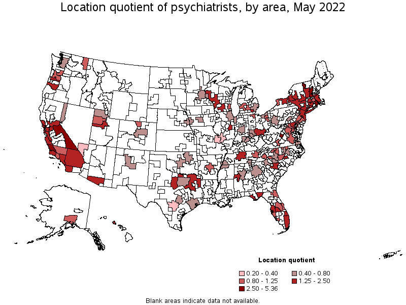 Map of location quotient of psychiatrists by area, May 2022