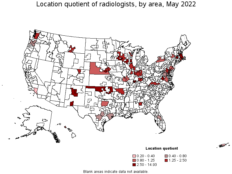 Map of location quotient of radiologists by area, May 2022