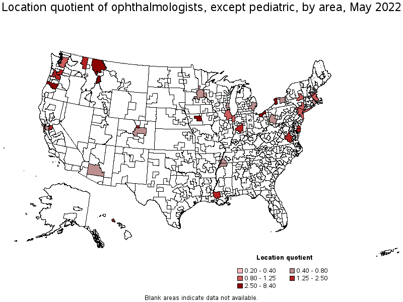 Map of location quotient of ophthalmologists, except pediatric by area, May 2022