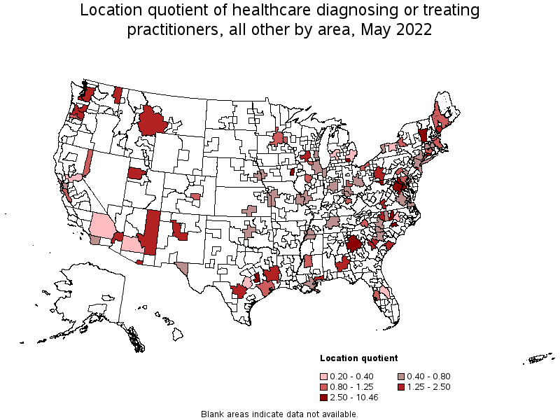 Map of location quotient of healthcare diagnosing or treating practitioners, all other by area, May 2022