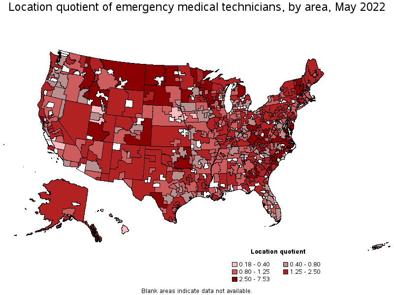 Map of location quotient of emergency medical technicians by area, May 2022