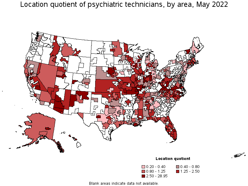 Map of location quotient of psychiatric technicians by area, May 2022