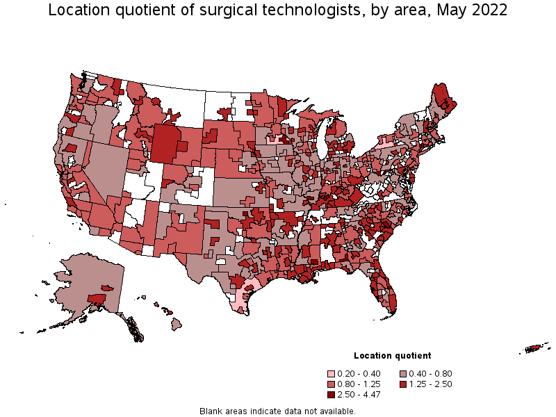 Map of location quotient of surgical technologists by area, May 2022