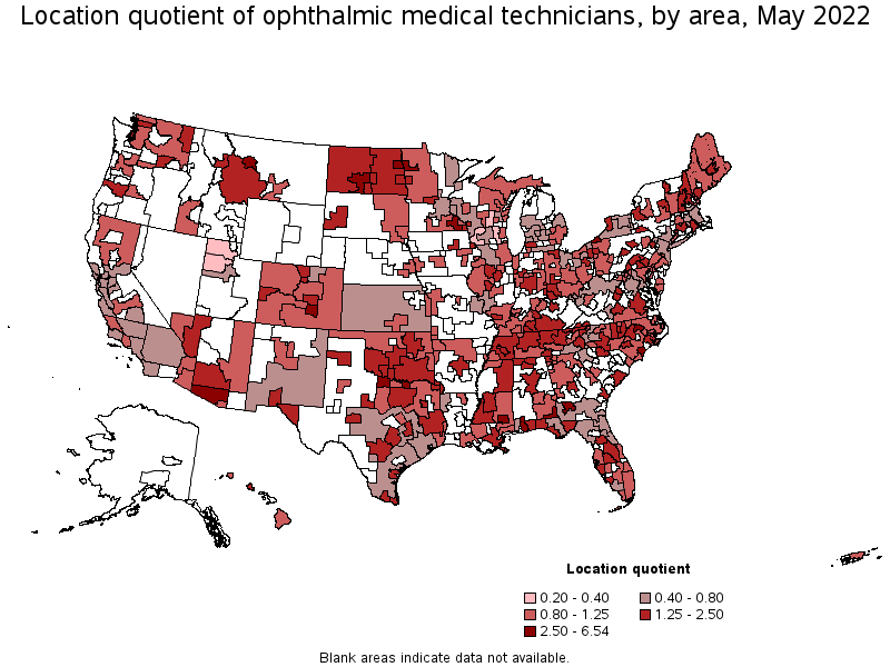 Map of location quotient of ophthalmic medical technicians by area, May 2022