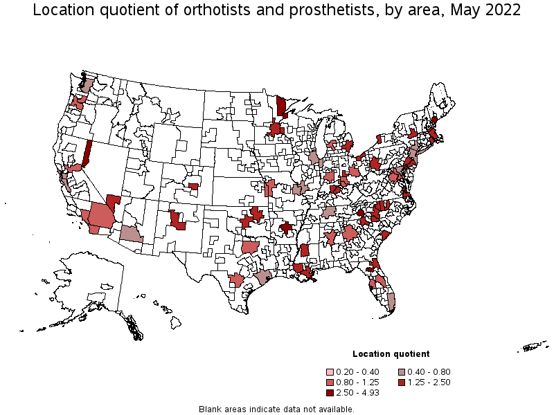 Map of location quotient of orthotists and prosthetists by area, May 2022