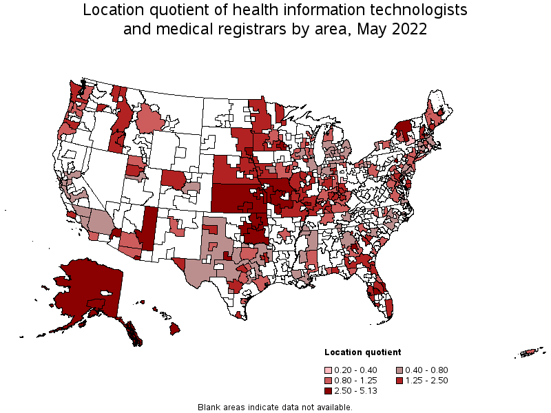 Map of location quotient of health information technologists and medical registrars by area, May 2022