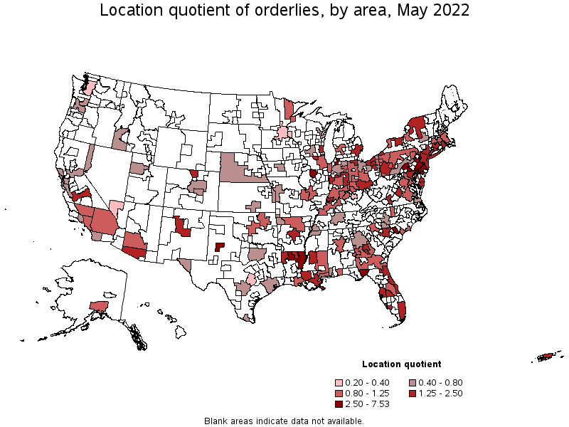 Map of location quotient of orderlies by area, May 2022