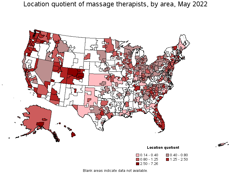 Map of location quotient of massage therapists by area, May 2022