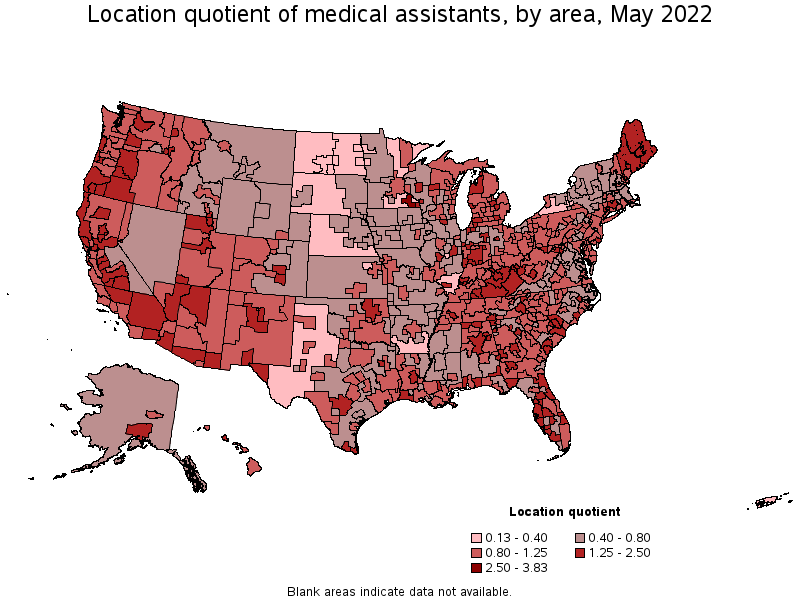 Map of location quotient of medical assistants by area, May 2022
