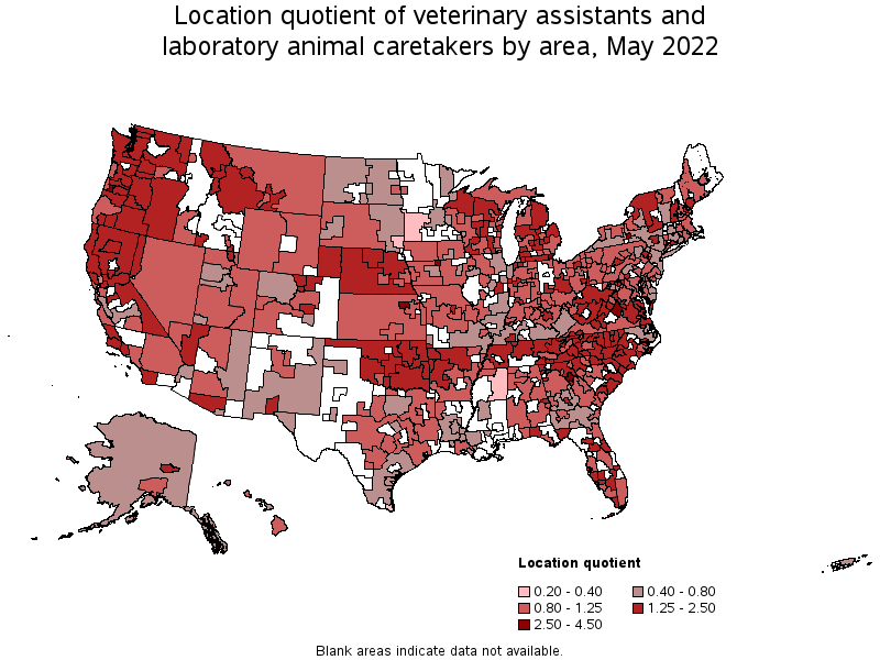 Map of location quotient of veterinary assistants and laboratory animal caretakers by area, May 2022