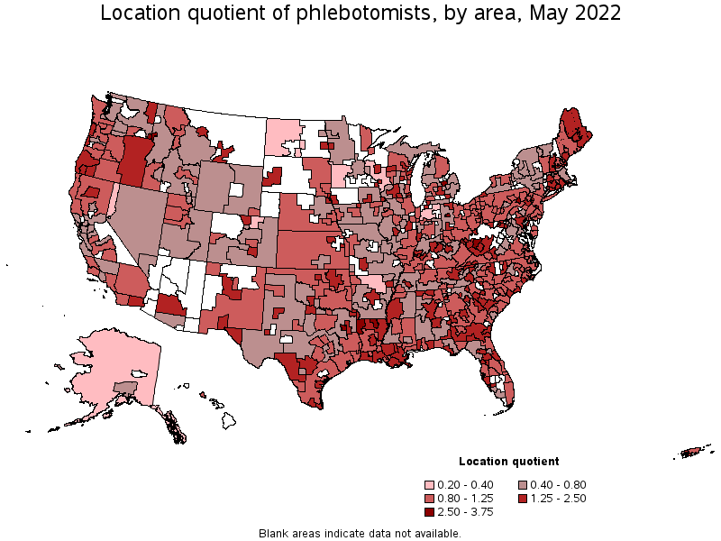 Map of location quotient of phlebotomists by area, May 2022