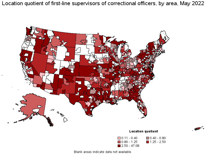 Map of location quotient of first-line supervisors of correctional officers by area, May 2022