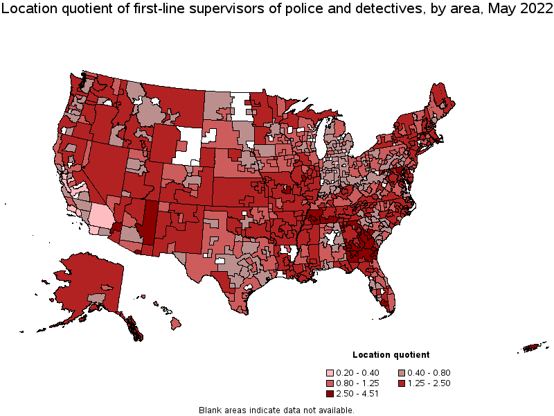 Map of location quotient of first-line supervisors of police and detectives by area, May 2022