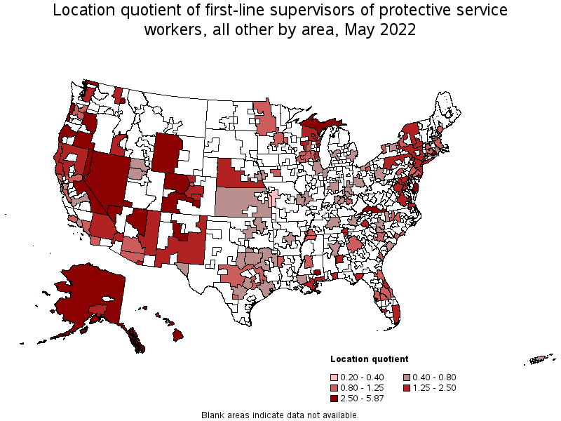 Map of location quotient of first-line supervisors of protective service workers, all other by area, May 2022