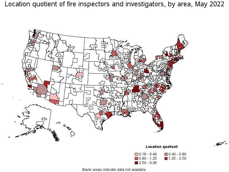 Map of location quotient of fire inspectors and investigators by area, May 2022