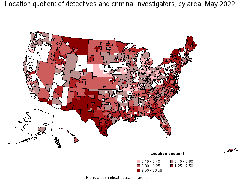 Map of location quotient of detectives and criminal investigators by area, May 2022