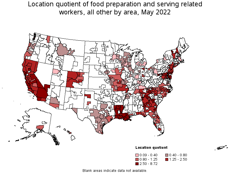 Map of location quotient of food preparation and serving related workers, all other by area, May 2022