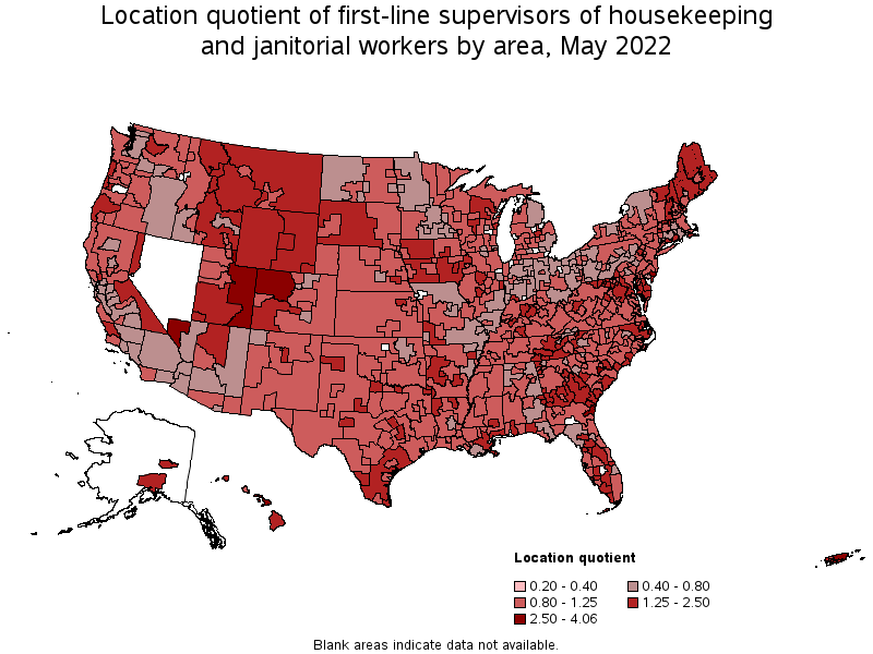 Map of location quotient of first-line supervisors of housekeeping and janitorial workers by area, May 2022