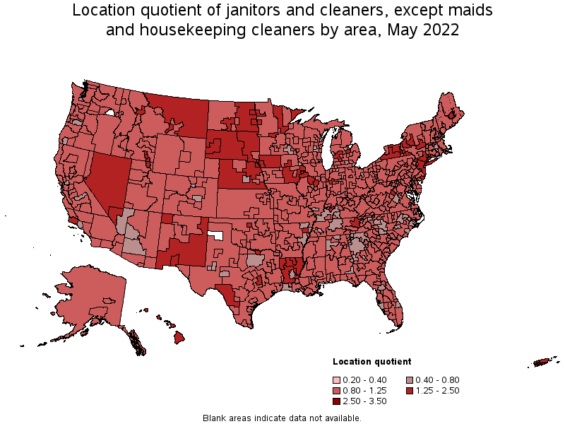 Map of location quotient of janitors and cleaners, except maids and housekeeping cleaners by area, May 2022