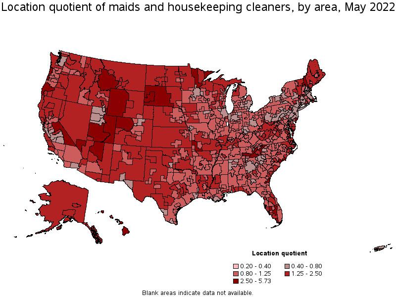 Map of location quotient of maids and housekeeping cleaners by area, May 2022