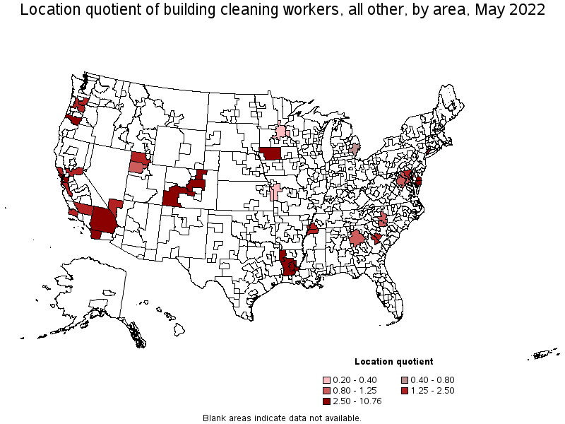 Map of location quotient of building cleaning workers, all other by area, May 2022