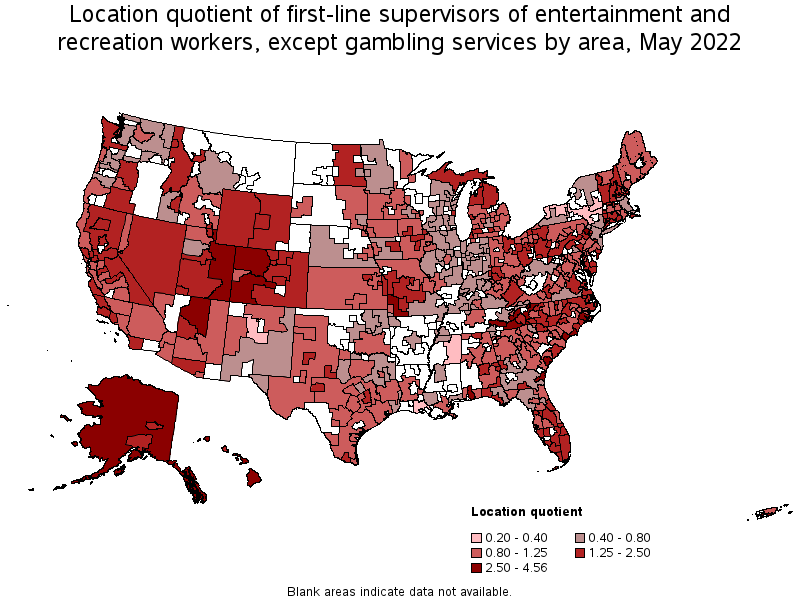 Map of location quotient of first-line supervisors of entertainment and recreation workers, except gambling services by area, May 2022