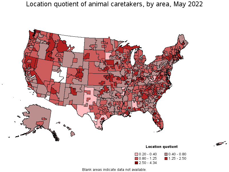 Map of location quotient of animal caretakers by area, May 2022