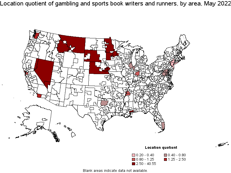 Map of location quotient of gambling and sports book writers and runners by area, May 2022