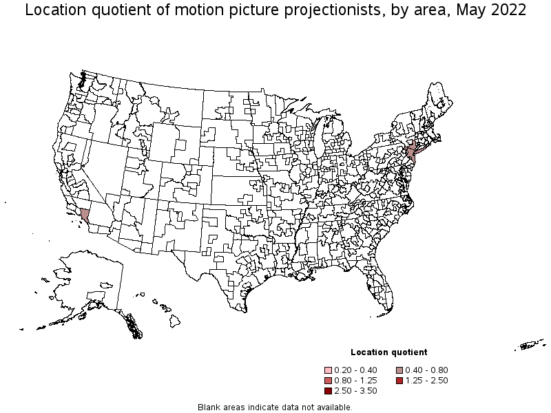 Map of location quotient of motion picture projectionists by area, May 2022