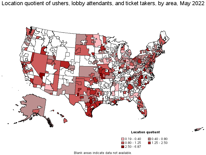 Map of location quotient of ushers, lobby attendants, and ticket takers by area, May 2022