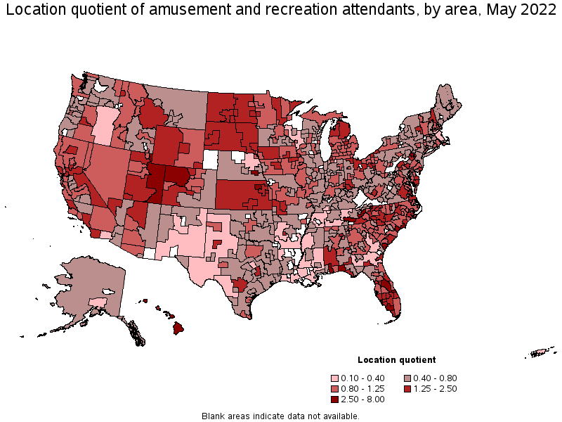 Map of location quotient of amusement and recreation attendants by area, May 2022