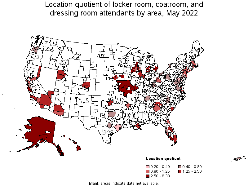 Map of location quotient of locker room, coatroom, and dressing room attendants by area, May 2022
