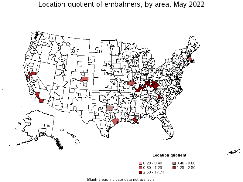 Map of location quotient of embalmers by area, May 2022