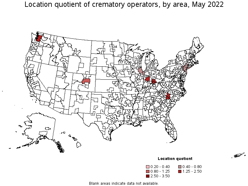 Map of location quotient of crematory operators by area, May 2022