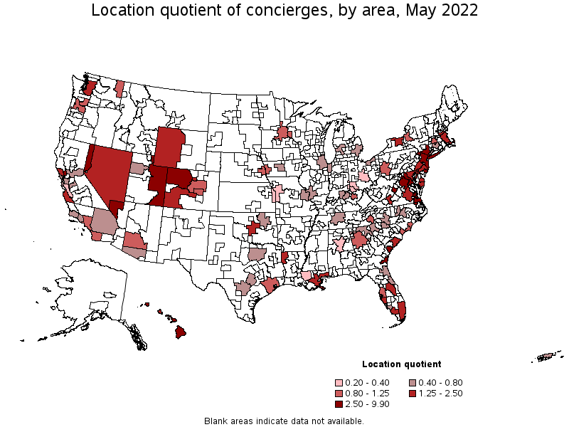 Map of location quotient of concierges by area, May 2022