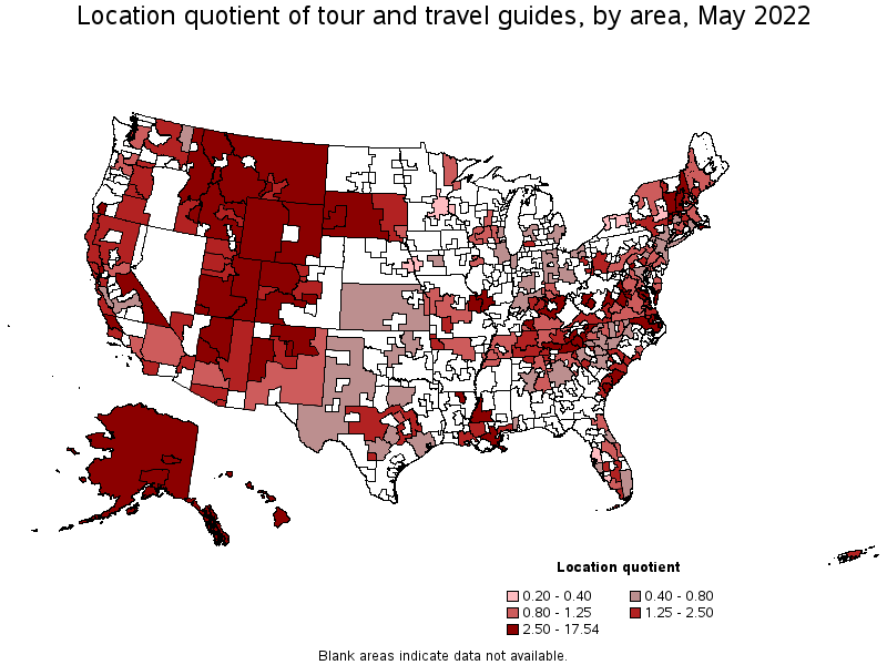 Map of location quotient of tour and travel guides by area, May 2022