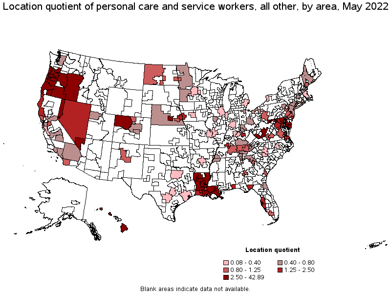 Map of location quotient of personal care and service workers, all other by area, May 2022