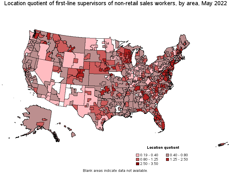 Map of location quotient of first-line supervisors of non-retail sales workers by area, May 2022