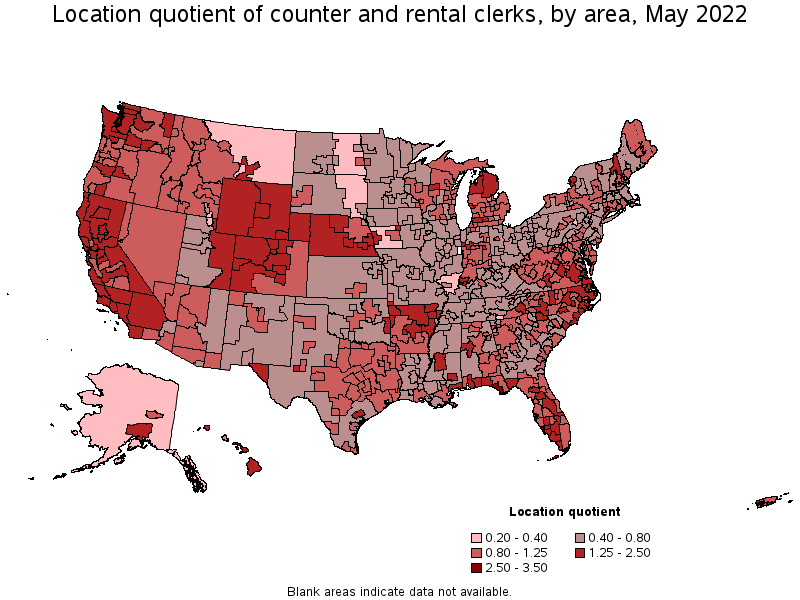 Map of location quotient of counter and rental clerks by area, May 2022