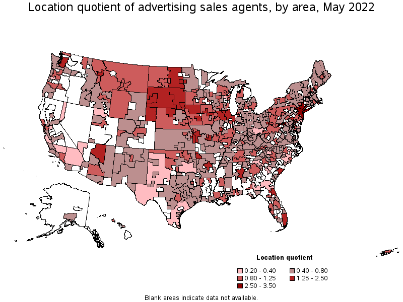 Map of location quotient of advertising sales agents by area, May 2022