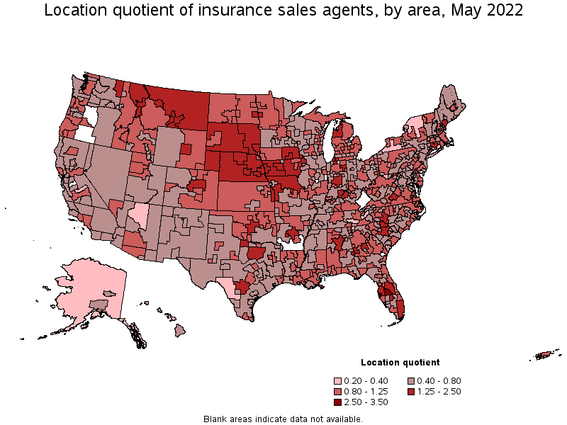 Map of location quotient of insurance sales agents by area, May 2022