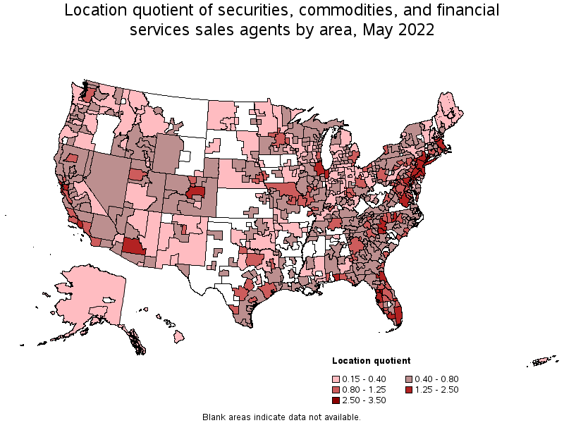 Map of location quotient of securities, commodities, and financial services sales agents by area, May 2022